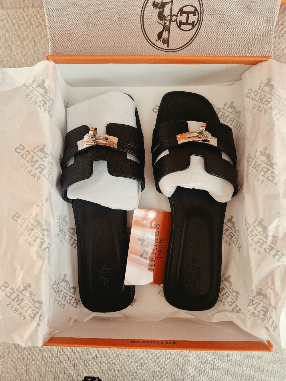 Hermes Black Leather Oran Slide Sandals with Silver Hardware